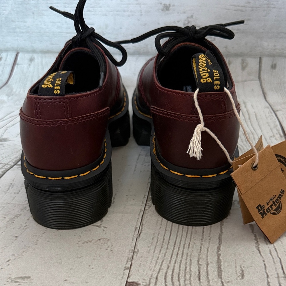 Dr. Martens Burgundy Leather Chunky Lace-Up Oxfords with Yellow Stitching - Picture 4 of 9